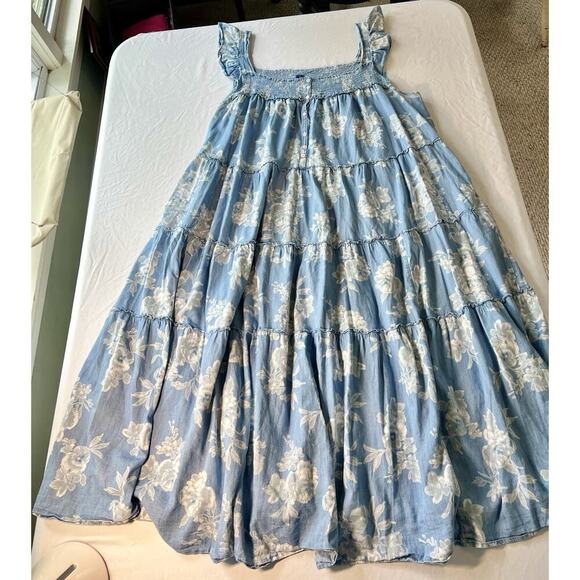 Old Navy Chambray Floral Tiered Midi Dress 4XL Smocked Beach Cruise Vacation - Picture 3 of 10